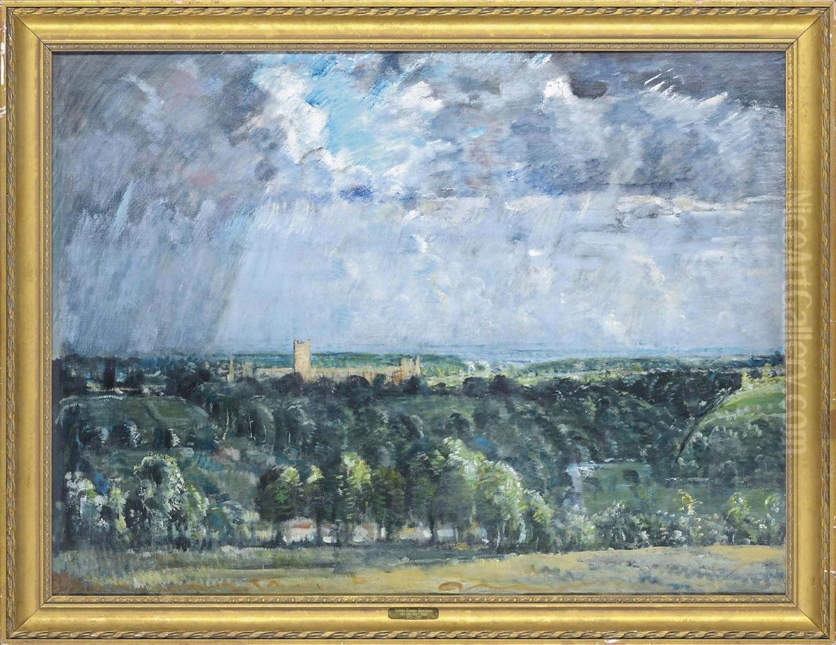 A Cathedral In An Extensive Landscape Oil Painting by Alfred Edward Borthwick