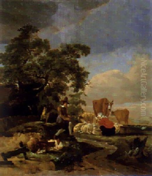 Hirtenpaar Mit Seiner Herde In Einer Landschaft Oil Painting by Willem Romeyn