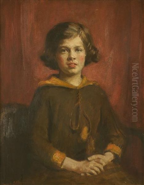Portraitof Miss Rushworth, Half-length, Wearing A Brown Dress, Her Handsclasped Before Her Oil Painting by Alfred Edward Borthwick