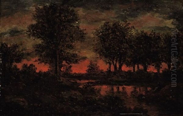 Soleil Couchant Sur La Mare En Foret Oil Painting by Etienne Pierre Theodore Ronsseau