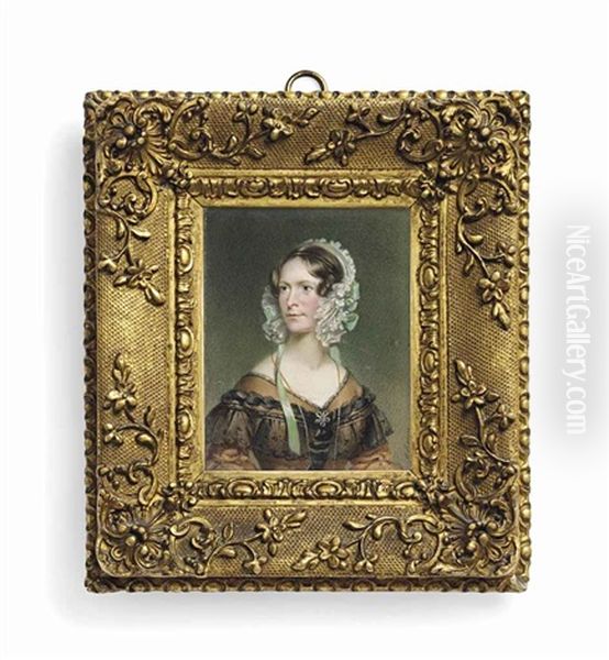 A Lady In Brown Silk Dress, Lace Bonnet Tied With Green Ribbons Oil Painting by Henry Room