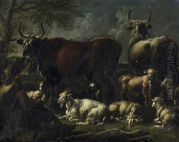 Hirte Mit Seinen Ziegen, Schafen Und Stieren Oil Painting by Cajetan Roos