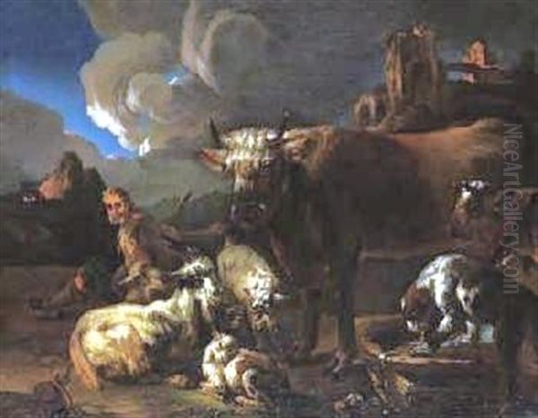 Lagernder Hirte Mit Herde Vor Arkadischer Landschaft Oil Painting by Jacob (Rosa di Napoli) Roos
