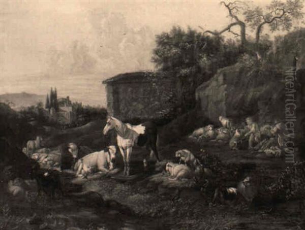 A Horse, Cattle And Sheep Near A Classical Tomb With A Shepherd Nearby Oil Painting by Johann Heinrich Roos