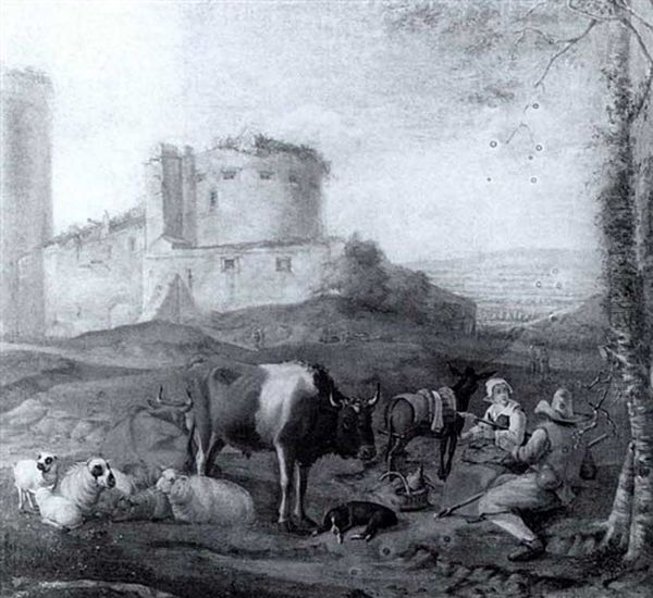 Spinnende Hirtin Und Gefahrte In Romischen Campagna Oil Painting by Johann Heinrich Roos