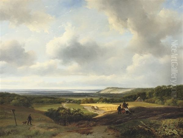 Hunters In An Undulating River Landscape In Summer Oil Painting by Nicolaas Johannes Roosenboom