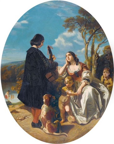 Sudliche Uferlandschaft Mit Musikanten Und Junger Frau Oil Painting by Camille Joseph Etienne Roqueplan