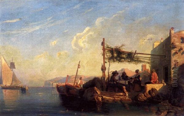 Hafenschenke Am Wasser Mit Blick Auf Segelschiffe Und Die Kustenfelsen In Der Ferne Oil Painting by Camille Joseph Etienne Roqueplan