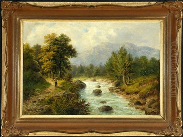 Bauer Auf Waldweg Am Gebirgsbach Oil Painting by Julius Karl Rose