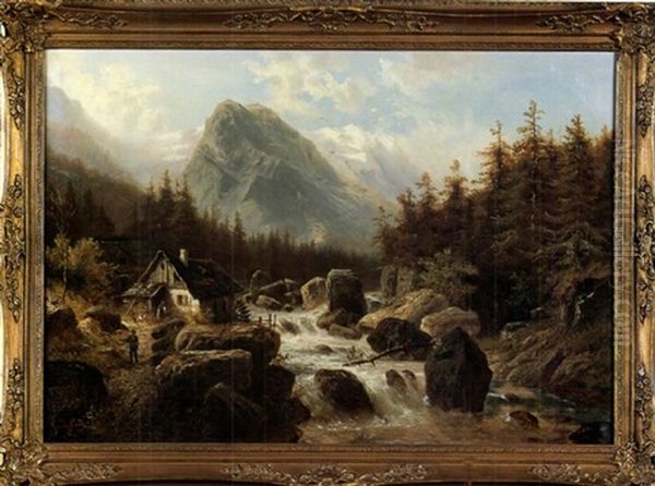Pejzaz Gorski Z Mlynem Nad Rwacym Potokiem Oil Painting by Julius Rose