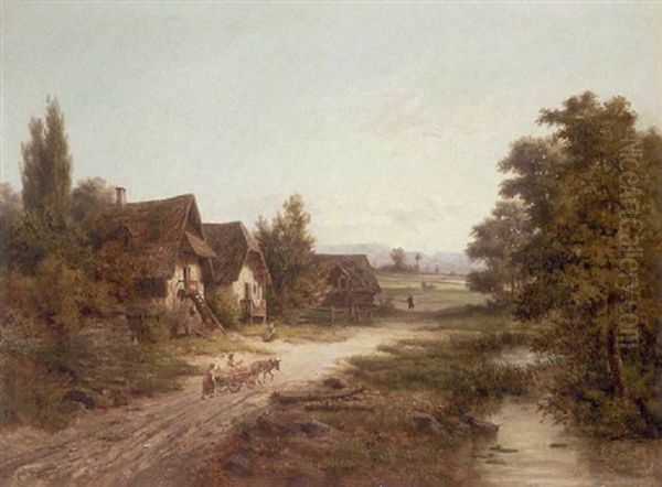 Bauernhofe Und Eselsgespann Am Bach Oil Painting by Julius Karl Rose