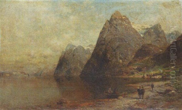 Mountainous Lake Landscape Oil Painting by Julius Rose