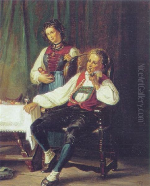 Interior Med To Unge Tyrolere Ved Et Bord Oil Painting by Vilhelm Rosenstand