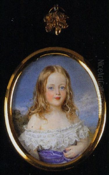 Caroline Elizabeth Holland As A Child In Lace-trimmed White Dress With Mauve Waist-sash, Her Blonde Hair Worn Loose Oil Painting by Sir William Charles Ross