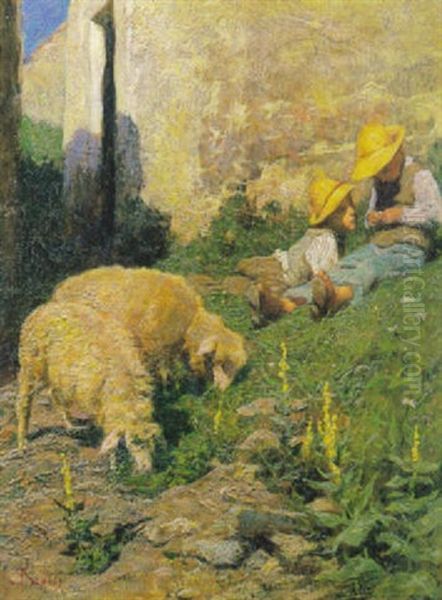 Fanciulli E Pecore Oil Painting by Luigi Rossi