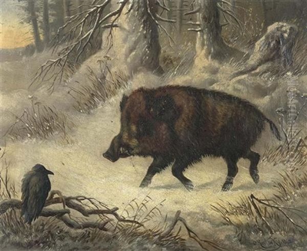 Keiler Mit Rabe Oil Painting by Carl Oswald Rostosky