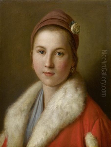 Junge Frau In Einem Roten, Pelzverbramten Mantel Oil Painting by Pietro Antonio Rotari
