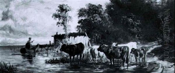 Kuhe Am Seeufer Oil Painting by Philipp Roeth