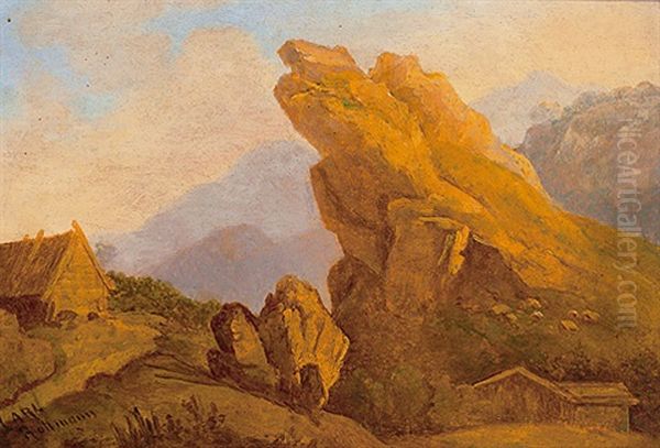 Alpenlandische Berglandschaft Mit Malerischem Fels Im Besonnten Licht Oil Painting by Carl Rottmann