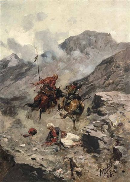 Reitergefecht In Den Bergen Oil Painting by Franz Roubaud