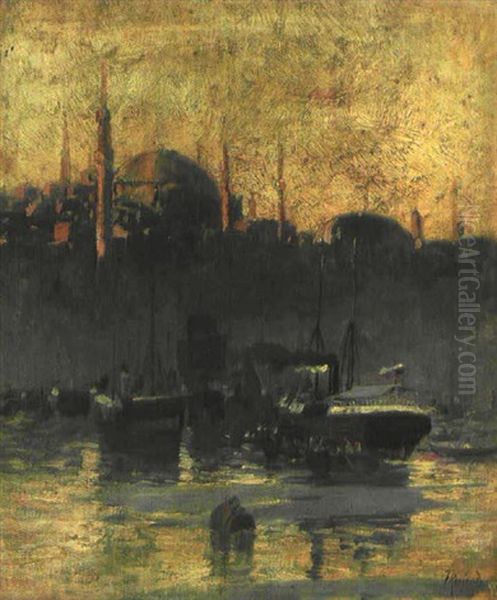 Blick Auf Den Hafen Von Istanbul Mit Der Suleymaniye-moschee Oil Painting by Franz Roubaud