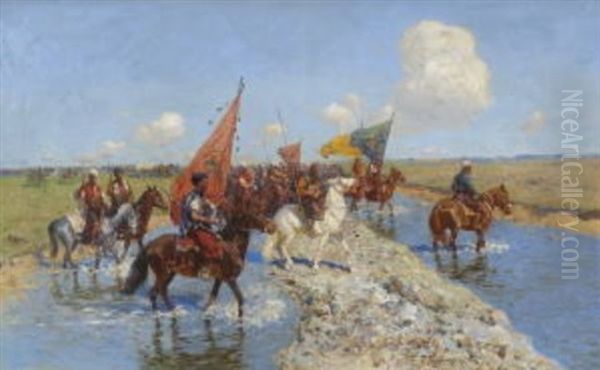 Tscherkessenreiter Bei Der Uberquerung Eines Flusses Oil Painting by Franz Roubaud