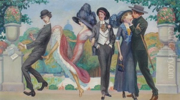Flapper Era Characters Fooling Around Oil Painting by Auguste Roubille
