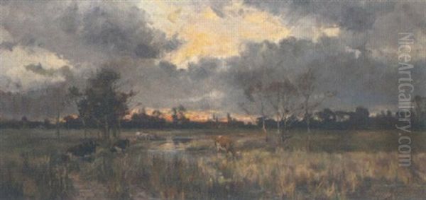 Cattle Grazing At Sunset Oil Painting by Robert William Arthur Rouse
