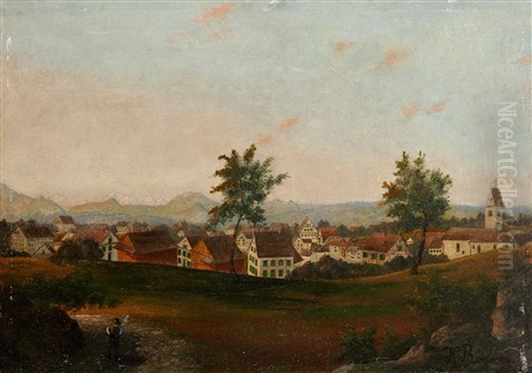Village Avec Deux Arbres Et Un Clocher Sur Un Horizon De Montagnes Oil Painting by Henri Rousseau