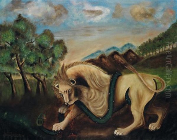 Lion Devorant Un Boa Oil Painting by Henri Rousseau