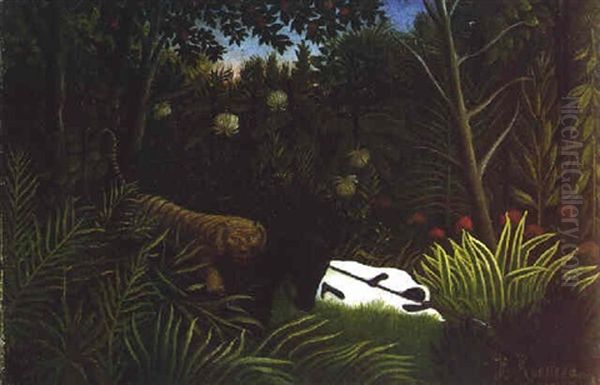 Cavalier Arabe Dans La Jungle Desarconne Par Un Tigre Oil Painting by Henri Julien Rousseau