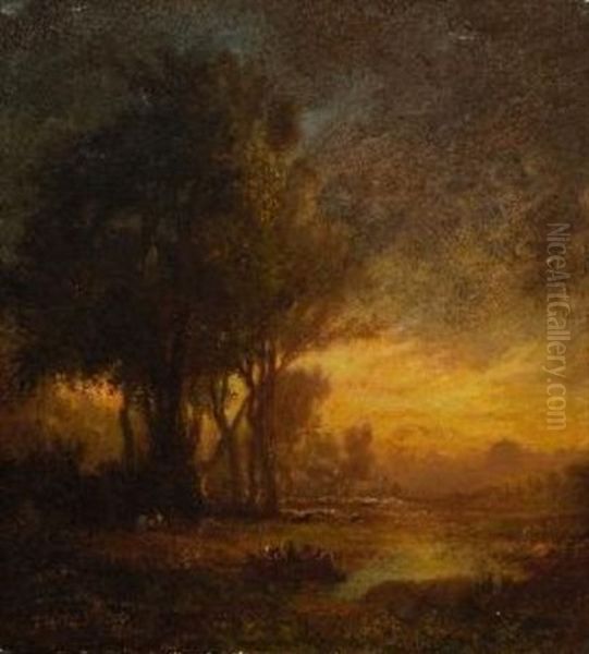 Flusslandschaft Im Abendlicht Oil Painting by Theodore Rousseau