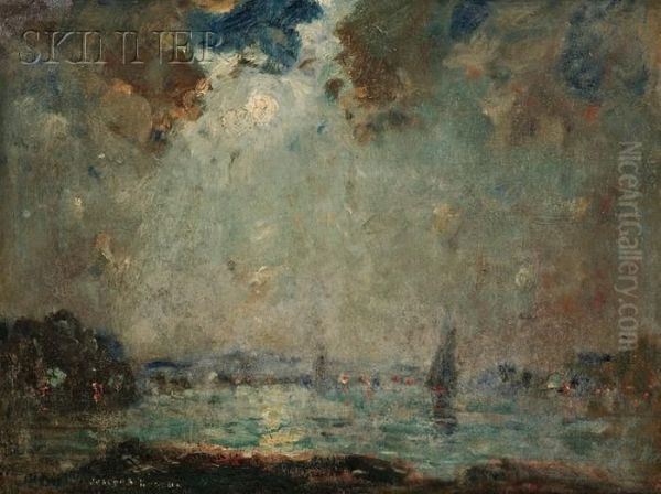 View Of A Harbor By Moonlight Oil Painting by Joseph Henry Boston