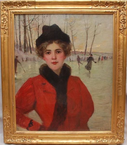 Young Woman W/ Ice Skaters In Background Oil Painting by Joseph Henry Boston