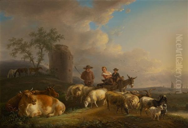 Bergers Conversant Au Coucher Du Soleil Oil Painting by Jean-Baptiste De Roy
