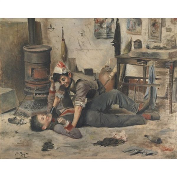 Young Boys Wrestling Oil Painting by Henri-Paul Royer