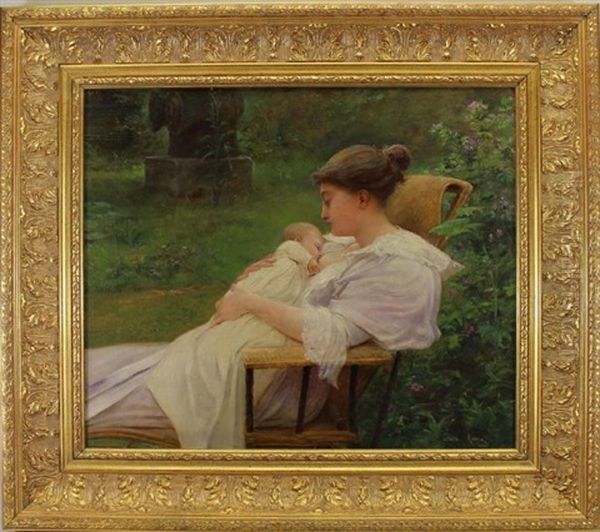 A Woman Feeding A Child In A Lush Landscape Oil Painting by Lionel Noel Royer