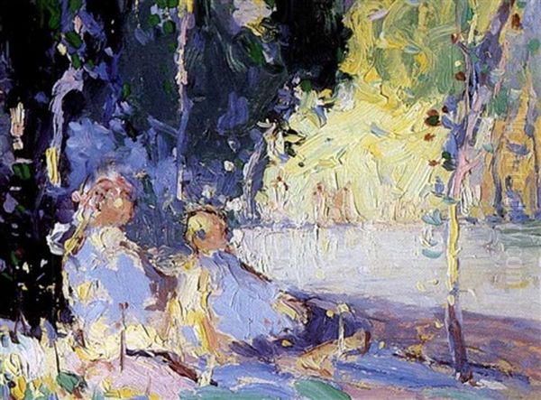 Woodland - Two Children By A Lake Oil Painting by Arthur Dominique Rozaire