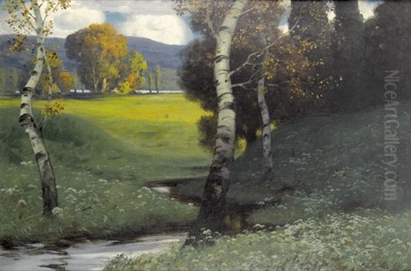 Herbstlandschaft Mit Birken An Einem Bach Oil Painting by Eduard Ruedisuehli