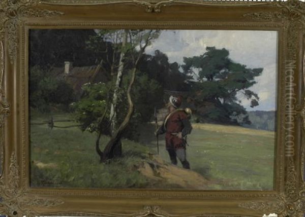 Wache Neben Einer Birke Auf Einer Wiese Hinter Einem Verborgenen Haus Oil Painting by Johannes Rudolphi