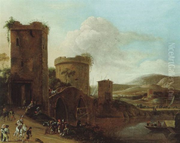 Gebirgige Fluslandschaft Mit Einer Steinernen Bogenbrucke Und Wehrturmen Sowie Vielen Figuren Oil Painting by Pieter des Ruelles