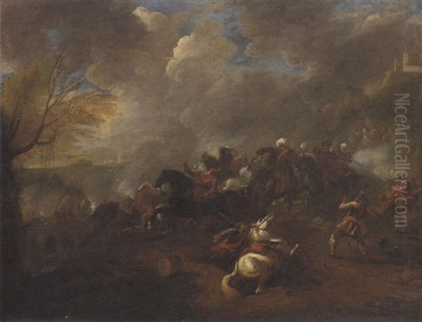 A Calvary Battle Oil Painting by Georg Philipp Rugendas the Elder