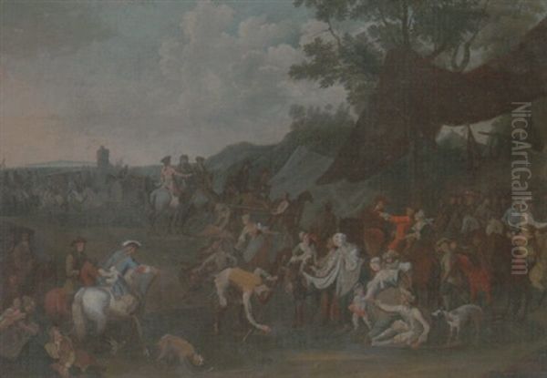 A Troop Of Cavalry And Villagers Near A Military Encampment Oil Painting by Georg Philipp Rugendas the Elder