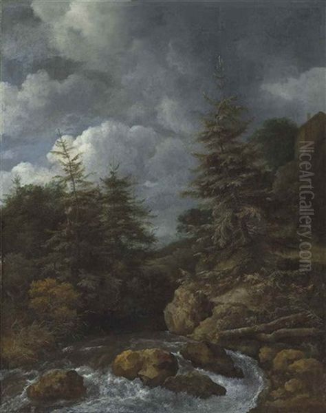A River Landscape With Fir Trees By A Cascade Oil Painting by Jacob Van Ruisdael