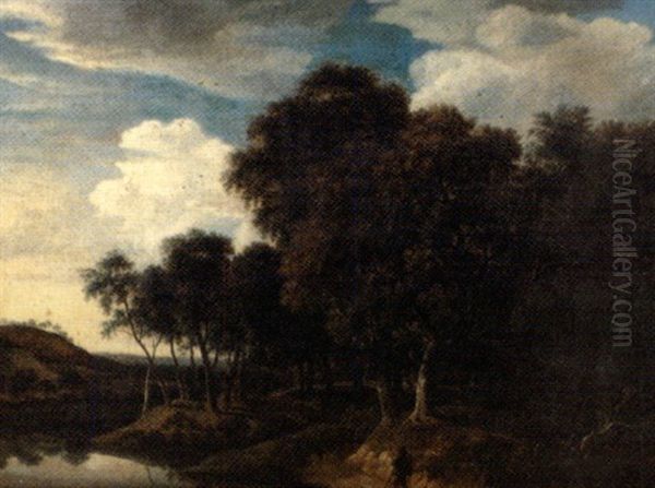 Promeneur Sur Un Chemin Bordant Une Riviere Et Une Foret Oil Painting by Jacob Van Ruisdael