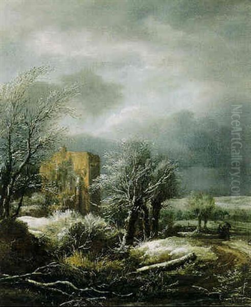 Travellers In A Winter Landscape, A Ruin Beyond Oil Painting by Jacob Van Ruisdael