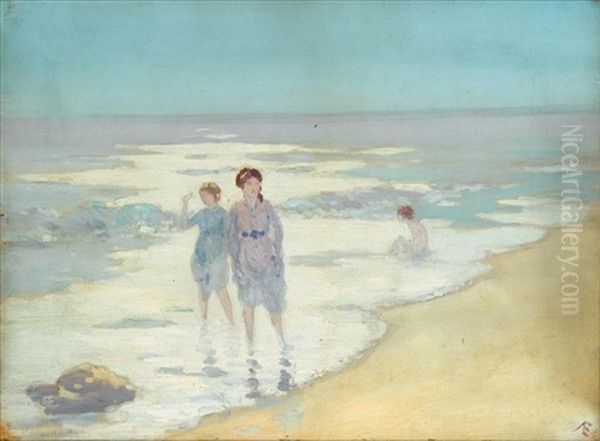 Two Girls Paddling In The Sunlight Oil Painting by George Russell