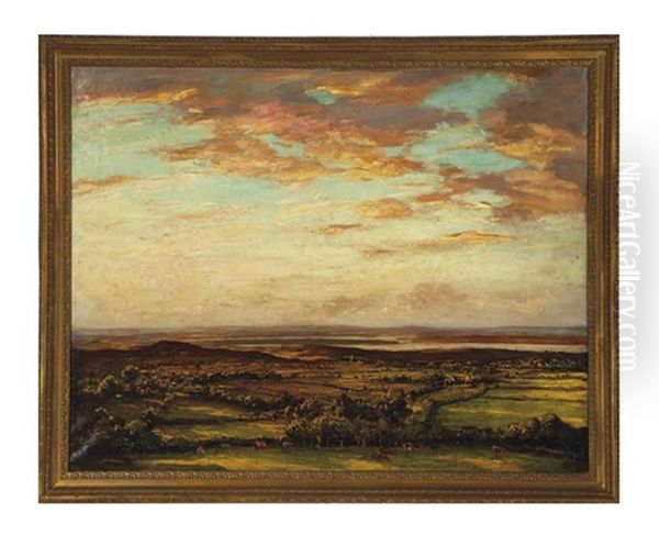 A Panoramic Landscape With Cows In The Foreground Oil Painting by Walter Westley (Sir) Russell