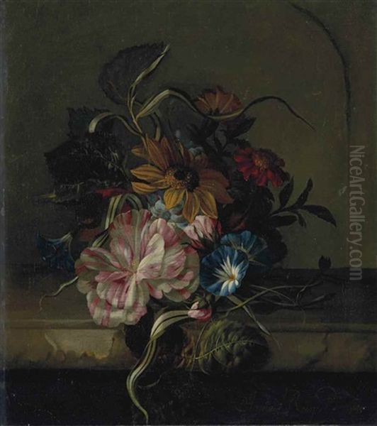Tournesol, Liseron Et Tulipe Bicolore Oil Painting by Anna Elisabeth Ruysch