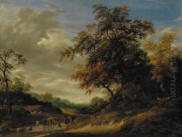 A Wooded Landscape With Herders Resting And Cattle And Sheep Grazing Oil Painting by Jacob Salomonsz van Ruysdael